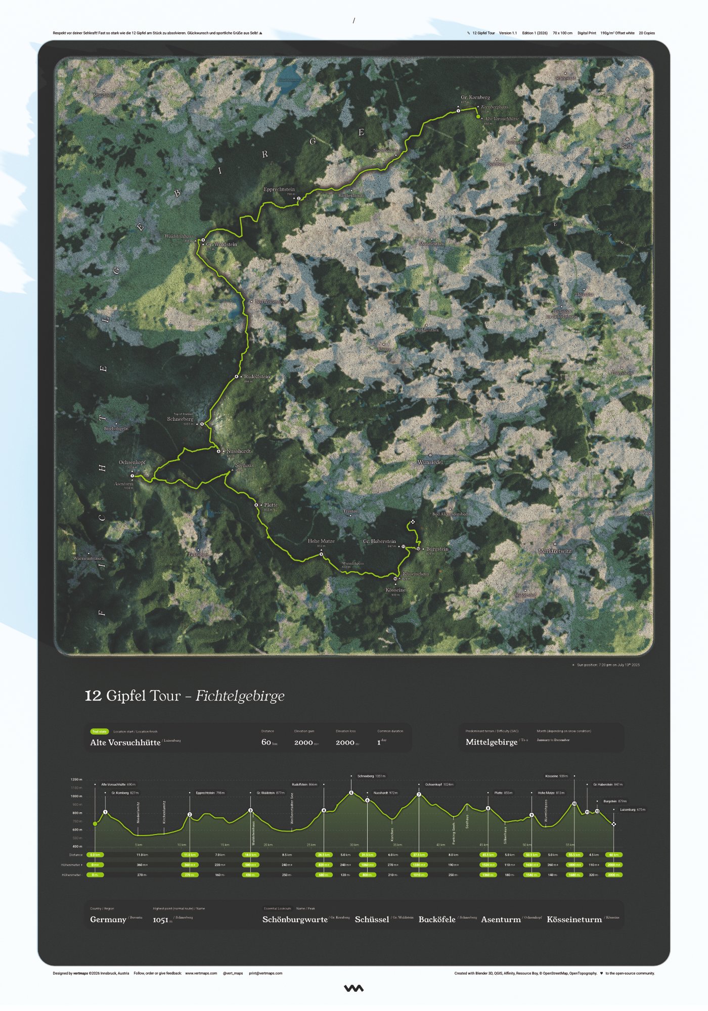 12 Gipfel Tour poster, Fichtelgebirge, Germany, full print with elevation profile